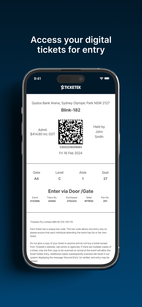 Mobile phone screen displaying a digital concert ticket with a QR code in the Ticketek AU app