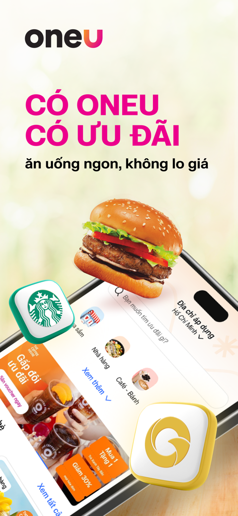 OneU app promotional screen showing food discounts and restaurant loyalty rewards