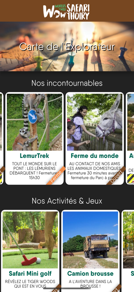 Interfaccia dell'app WOW Thoiry ZooSafari che mostra la mappa dell'esploratore e le attività del parco