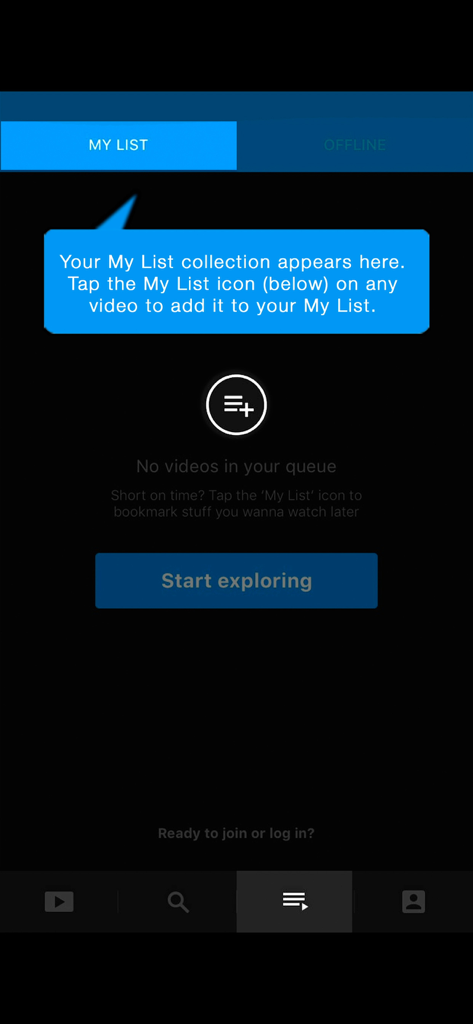 Interface of the Nature Relaxation app showing an empty My List section with instructions to bookmark videos for later viewing.
