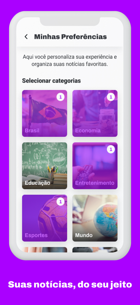 Hube Jornais app preferences screen to select news categories like economy and sports