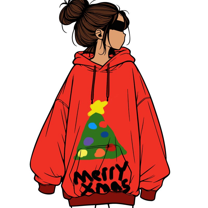 realistic girl with a oversized sweatshirt on and a bun