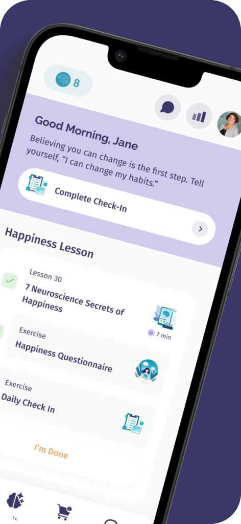 Brain Fit Life: Mental Health - Interface of the Brain Fit Life app showing a personalized daily dashboard with check-in options and neuroscience-based happiness lessons.
