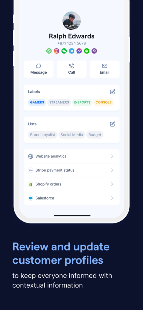 SleekFlow mobile app screen showing a detailed customer profile with integrated business tools and social media channels