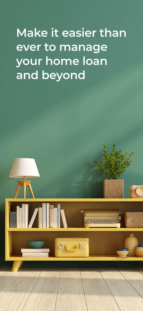 PENNYMAC MOBILE - Un interior de hogar acogedor con una estantería amarilla y texto que dice Haz que sea más fácil que nunca gestionar tu préstamo hipotecario y más allá