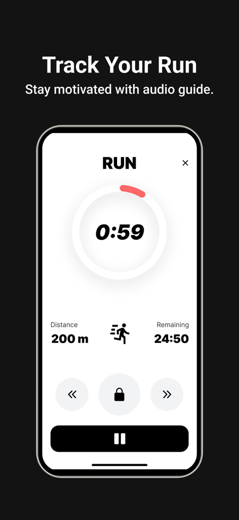 iRun. Couch to Runner : Run 5k - iRun app screenshot showing the real-time run tracking interface with timer and distance indicators.