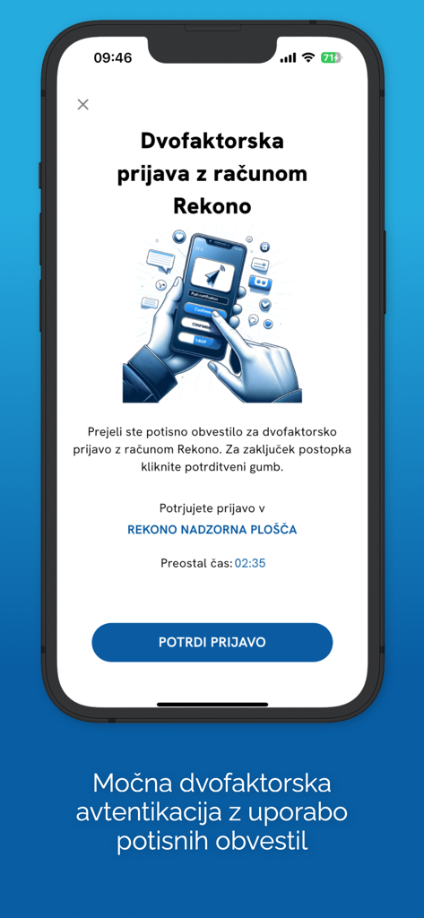 Rekono OnePass app screen displaying a two-factor authentication request with a confirm button on an iPhone.