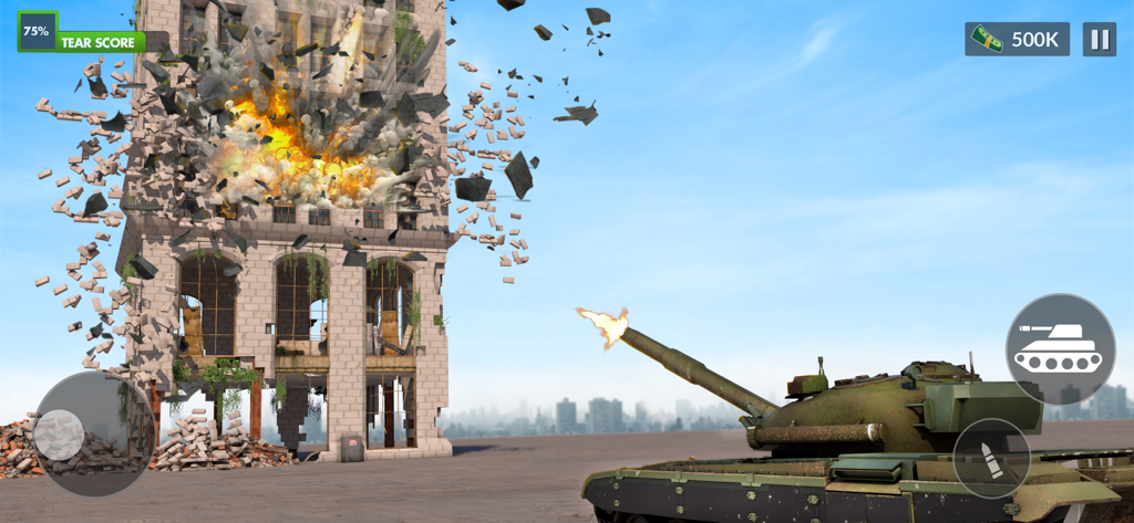 Um tanque a disparar contra um edifício alto de pedra causando uma grande explosão e física realista de detritos em um jogo de simulador de demolição.