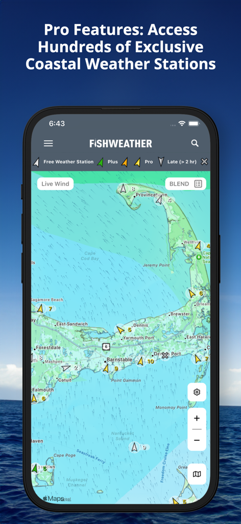 FishWeather: Marine Forecasts - FishWeatherアプリのインターフェースに、ライブ風予報マップと独自のプロ沿岸気象観測所が表示されている。
