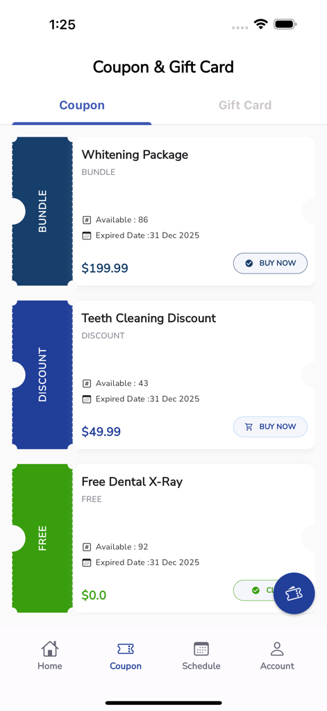 RTDC App - Screen showing dental coupons and service packages in the RTDC App
