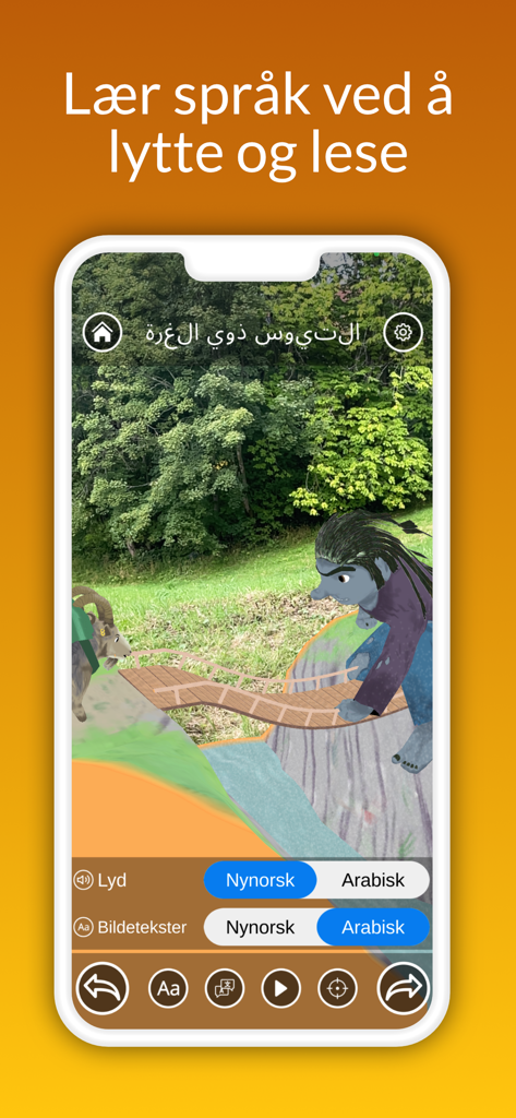 AR Eventyr - AR Eventyr app screenshot showing a 3D fairytale scene with a troll on a bridge and language options for Norwegian and Arabic