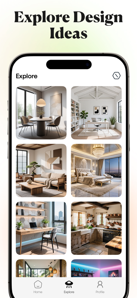 Uma galeria de ideias de design de interiores geradas por IA para vários cômodos, incluindo salas de estar, quartos e cozinhas