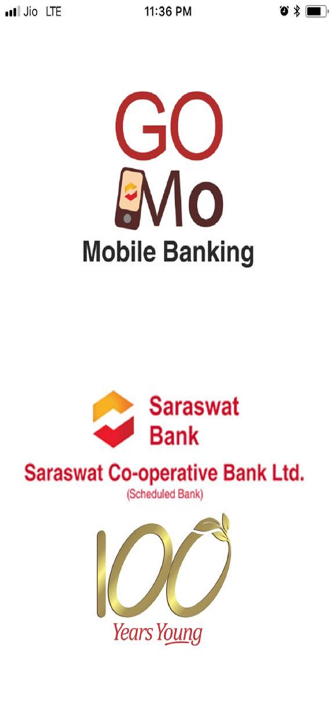 Saraswat Bank Mobile Banking - Splash screen of Saraswat Bank Go Mo mobile banking app displaying the bank logo and 100 years young message