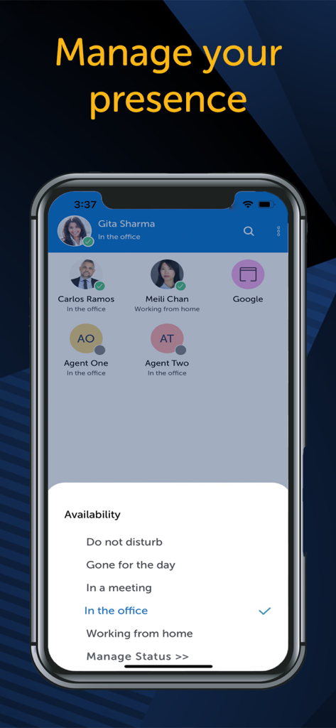 MiCollab for Mobile - MiCollab for Mobile interface showing availability status and presence management options