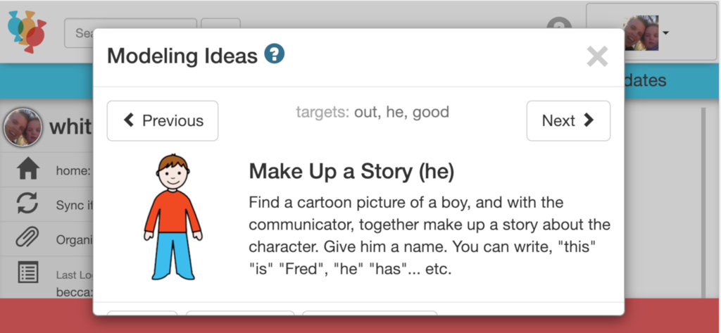 CoughDrop - CoughDrop AAC app modeling ideas popup showing a speech therapy story activity