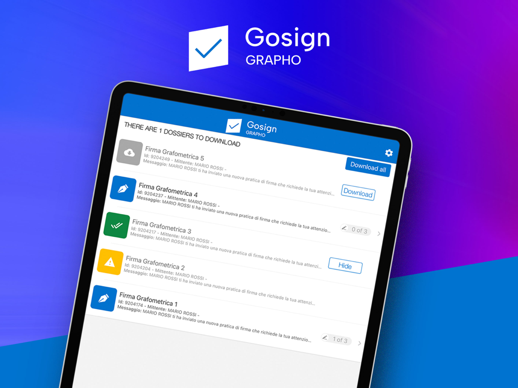 GoSign Grapho - Interfaccia dell'app GoSign Grapho su iPad che mostra un elenco di documenti per la firma biometrica