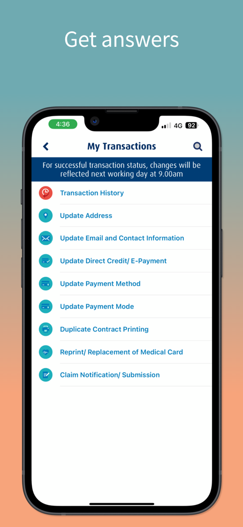 HLA360° app by HLA - HLA360 app My Transactions screen displaying a menu for updating contact information, payment methods, and submitting claims