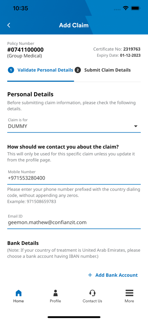 myMetLife Plus - A mobile interface for adding a claim in the myMetLife Plus app showing personal and contact details validation.