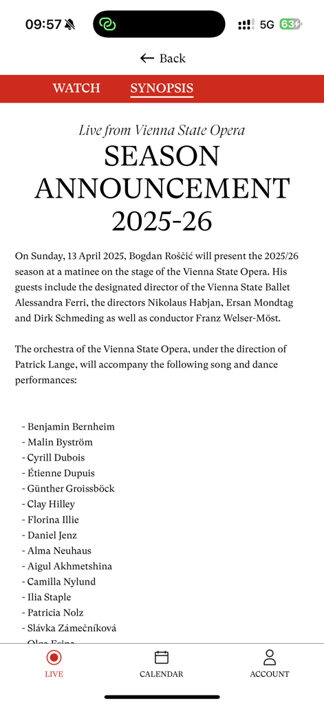 Bildschirm der Wiener Staatsoper Live App mit der Zusammenfassung der Saisonankündigung 2025/26