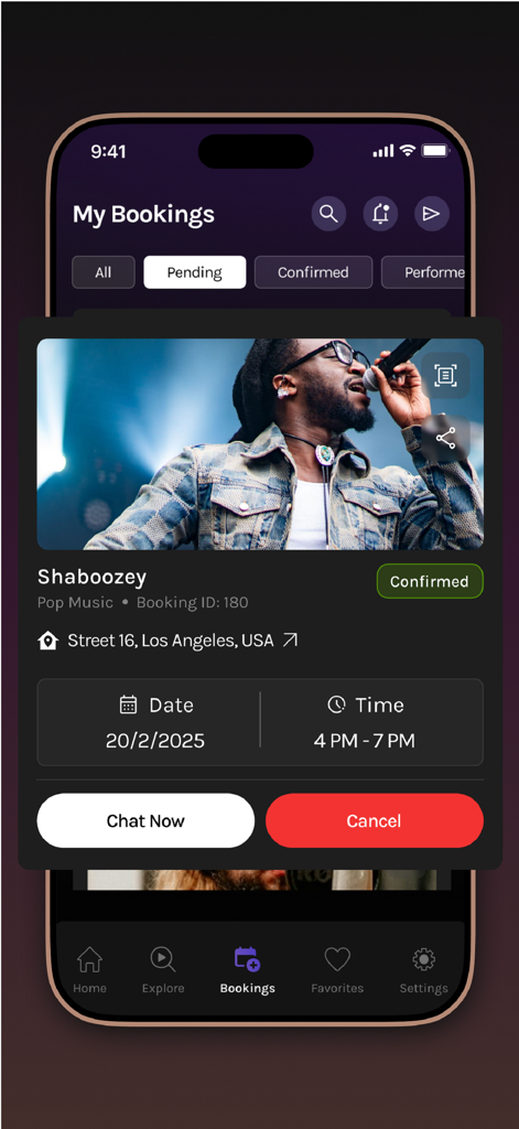 Howwe - A screen from the Howwe app showing a confirmed booking for a pop musician in Los Angeles with event details and chat options.