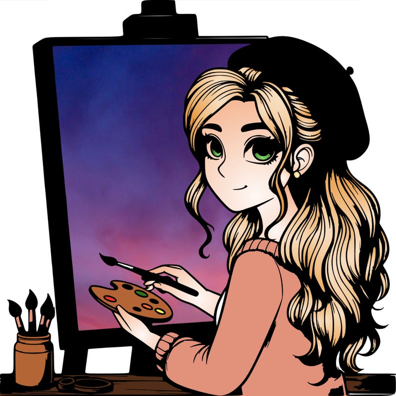 realistic girl artist painting a blank canvas