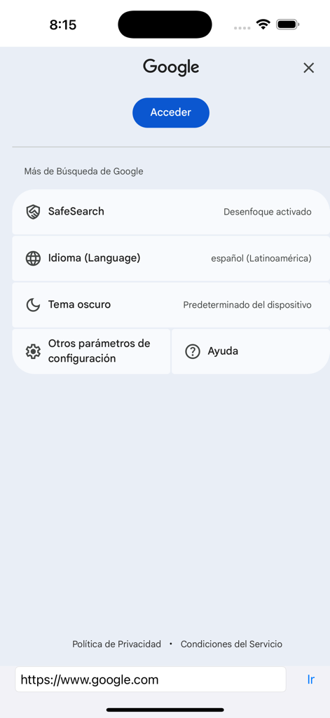 Netsafe Web Navigator Google search settings screen