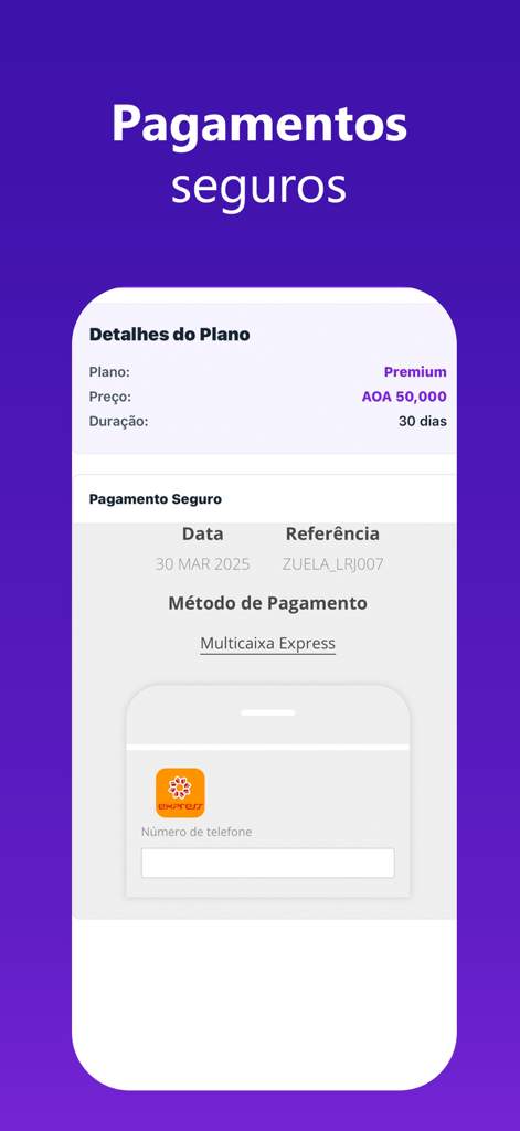 Zuela Imoveis - Secure payment interface for premium real estate plan on Zuela Imoveis app using Multicaixa Express