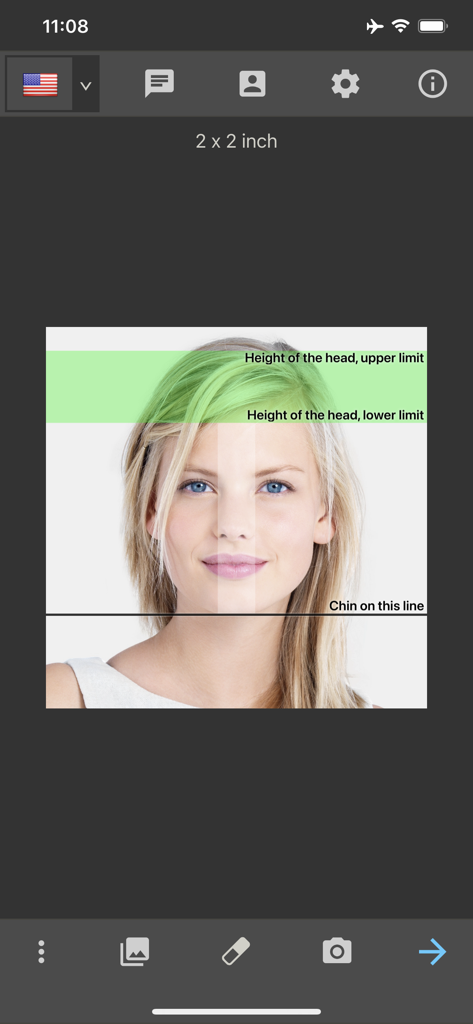 Modelo de foto para passaporte dos EUA com guias de alinhamento de cabeça no aplicativo de foto de identidade