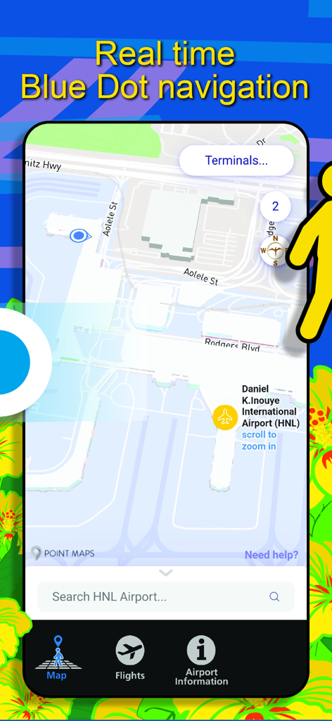 HNL Airport - Screenshot of the HNL Airport app displaying an interactive terminal map with real time blue dot navigation.
