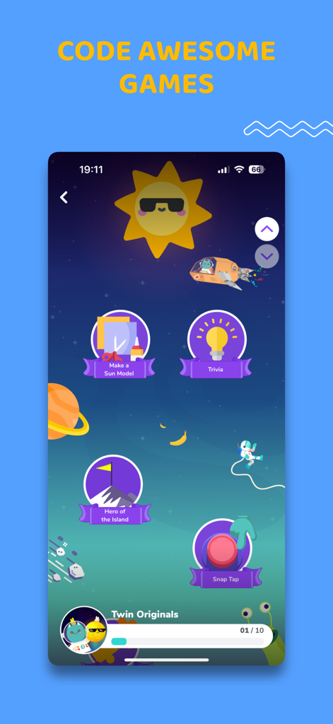 Twin Science: STEM Learning - Twin Science App-Oberfläche mit MINT-Aktivitäten und Codierungsspielen für Kinder im Weltraum-Thema