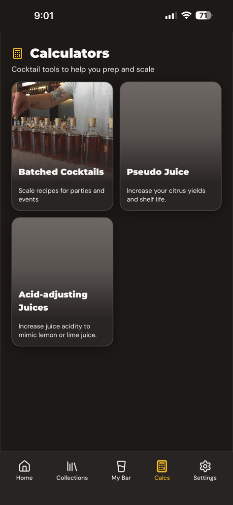 Cocktails by Steve - Cocktails by Steve app screen featuring tools for batched cocktails and juice preparation