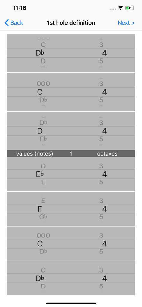 Interface for defining musical notes and octaves for individual harmonica holes