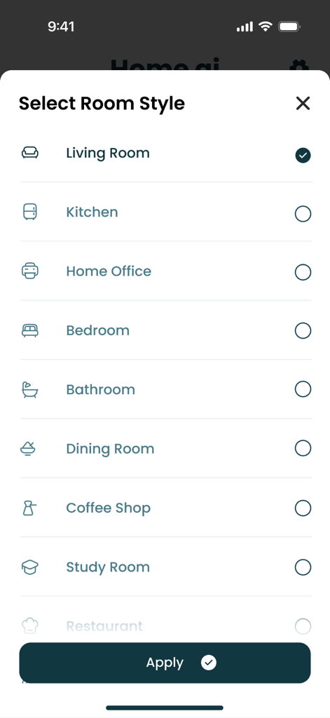 Room style selection screen showing options like Living Room Kitchen and Home Office in the AI Home Design app