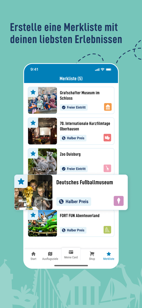 RUHR.TOPCARD - RUHR.TOPCARD App-Oberfläche, die eine Liste der bevorzugten Attraktionen mit Optionen für kostenlosen und ermäßigten Eintritt anzeigt.