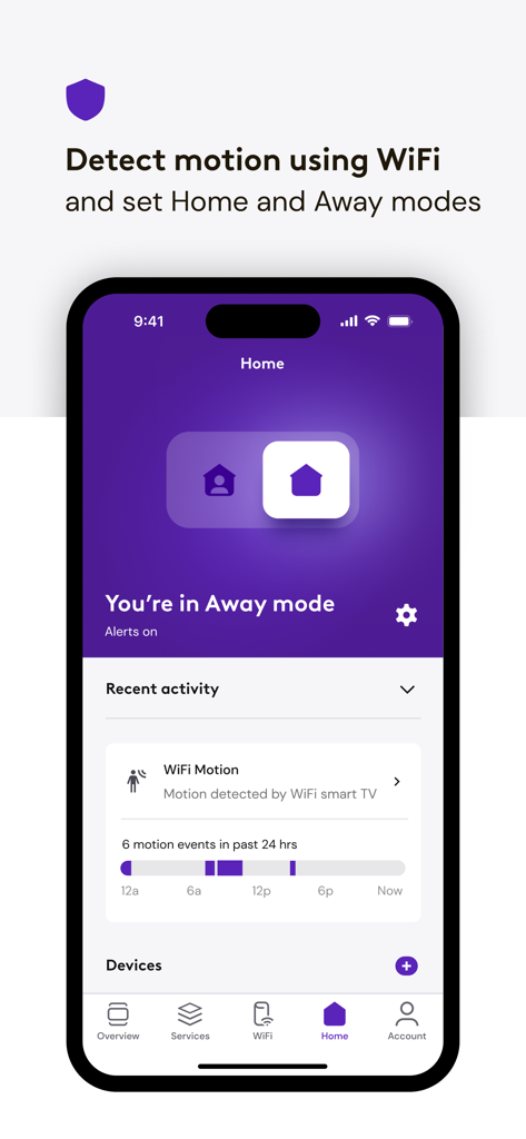 Xfinity-App mit Anzeige der Modi 'Zuhause' und 'Abwesend' mit WLAN-Bewegungserkennungsaktivität.