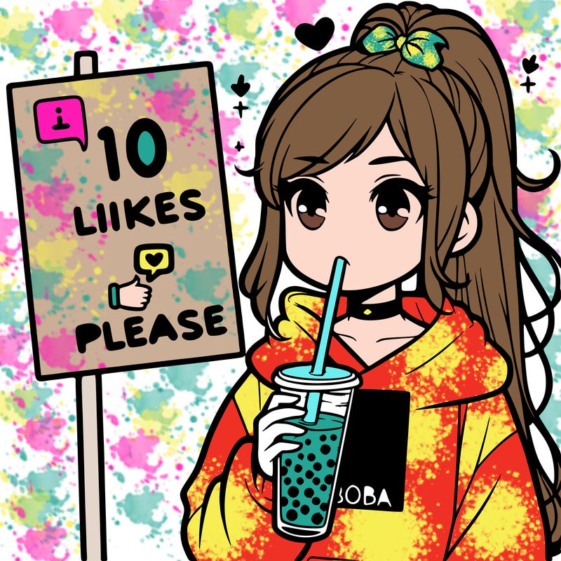 girl with a high ponytail and a hoodie drinking boba staring at a sign saying 10 likes please