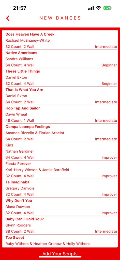 Linedancer - A list of new line dances in the Linedancer app showing song titles, choreographers, step counts, and difficulty levels.