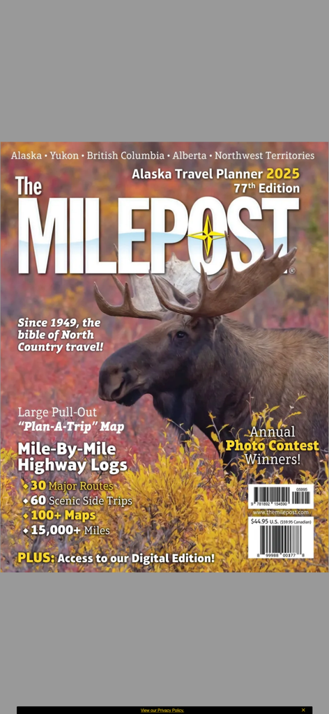 Cover of The MILEPOST 2025 Alaska Travel Planner featuring a large moose and highlights of its mile-by-mile highway logs