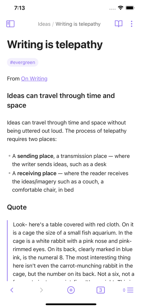 Obsidian mobile app showing a markdown note titled Writing is telepathy