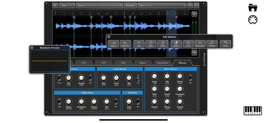 WaveCloud App-Oberfläche mit Wellenform-Bearbeitungswerkzeugen und Audio-Effekt-Panels