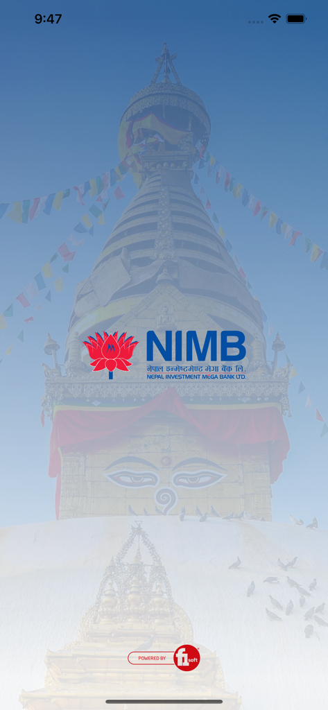 NIMB Smart - NIMB Smart mobile banking app splash screen featuring the bank logo and Swayambhunath Stupa background