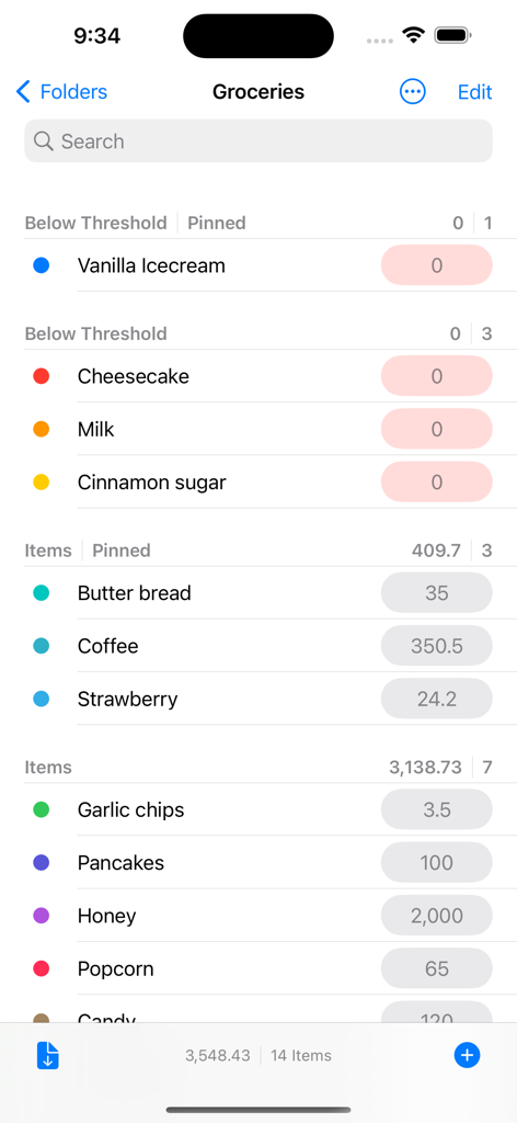 Stock List - Inventory Control - Interfaz de la aplicación Stock List que muestra un inventario de comestibles con alertas de bajo stock y cantidades decimales.