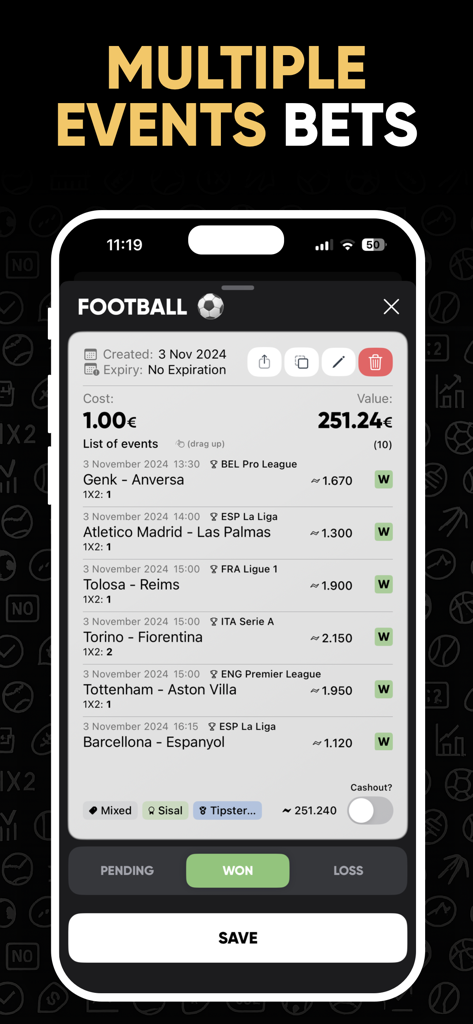 Interfaccia dell'app Betty Sports Bet Tracker che mostra un parlay calcistico vincente con dettagli di eventi multipli