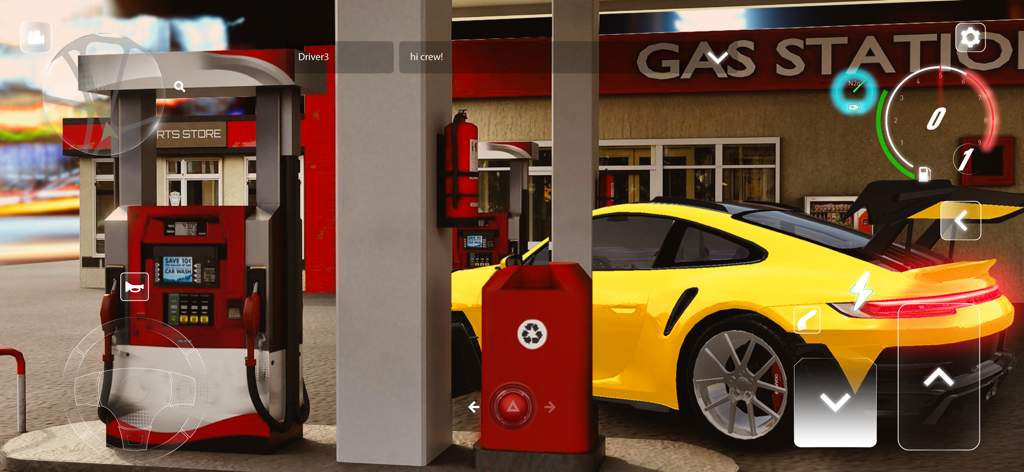 PetrolHead Extreme Car Driving - A yellow sports car at a gas station in PetrolHead Extreme Car Driving