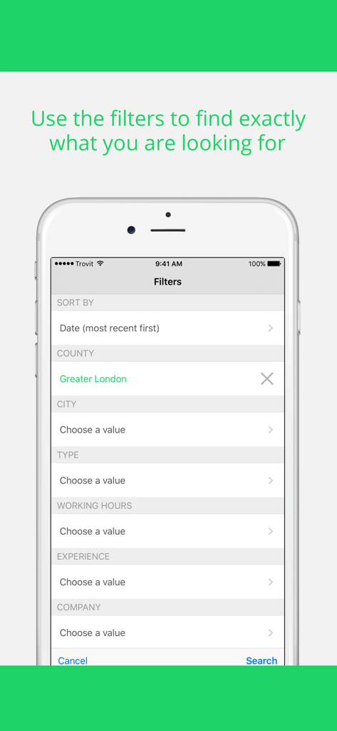 Trovit Jobs - Interfaz de la aplicación Trovit Empleo que muestra filtros de búsqueda para fecha, ubicación, tipo de puesto y horarios de trabajo