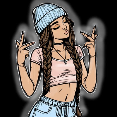 realistic teenage girl with braids and a beanie and crop top doing 🫶🏼