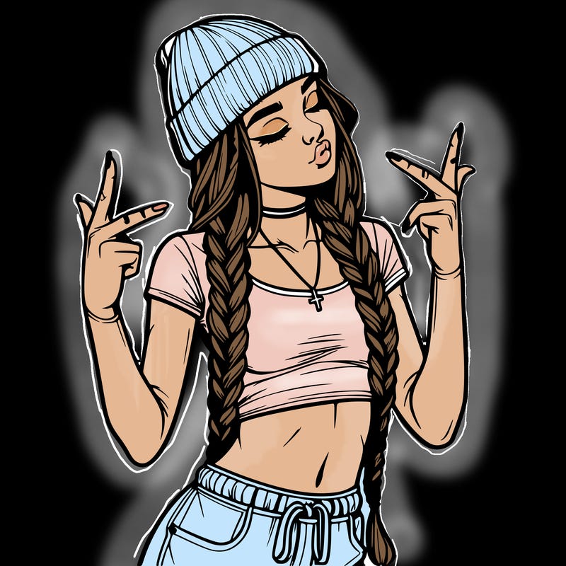 realistic teenage girl with braids and a beanie and crop top doing 🫶🏼