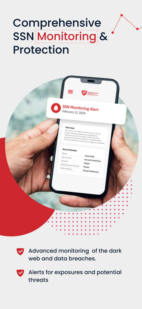 IdentityProtect mobile app screen showing a Social Security Number monitoring alert