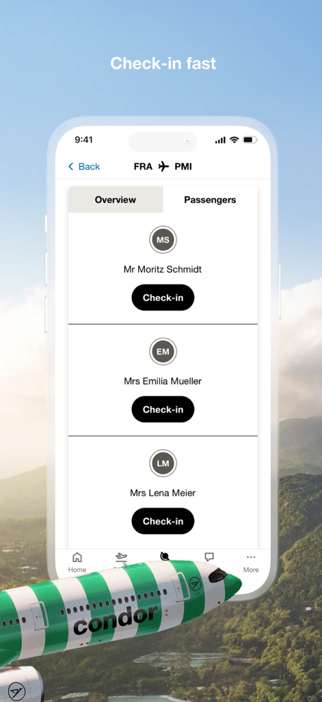 Interfaccia di check-in passeggeri dell'app Condor Airlines
