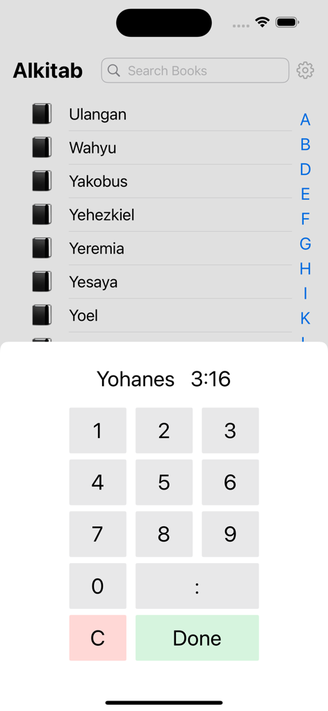 Alkitab - Alkitab Indonesian Bible app interface showing scripture book navigation and a numeric keypad to select verses.
